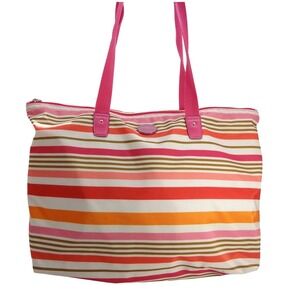 Coach New York Striped Nylon Tote Bag Pink Orange Red Large Travel Beach Bag